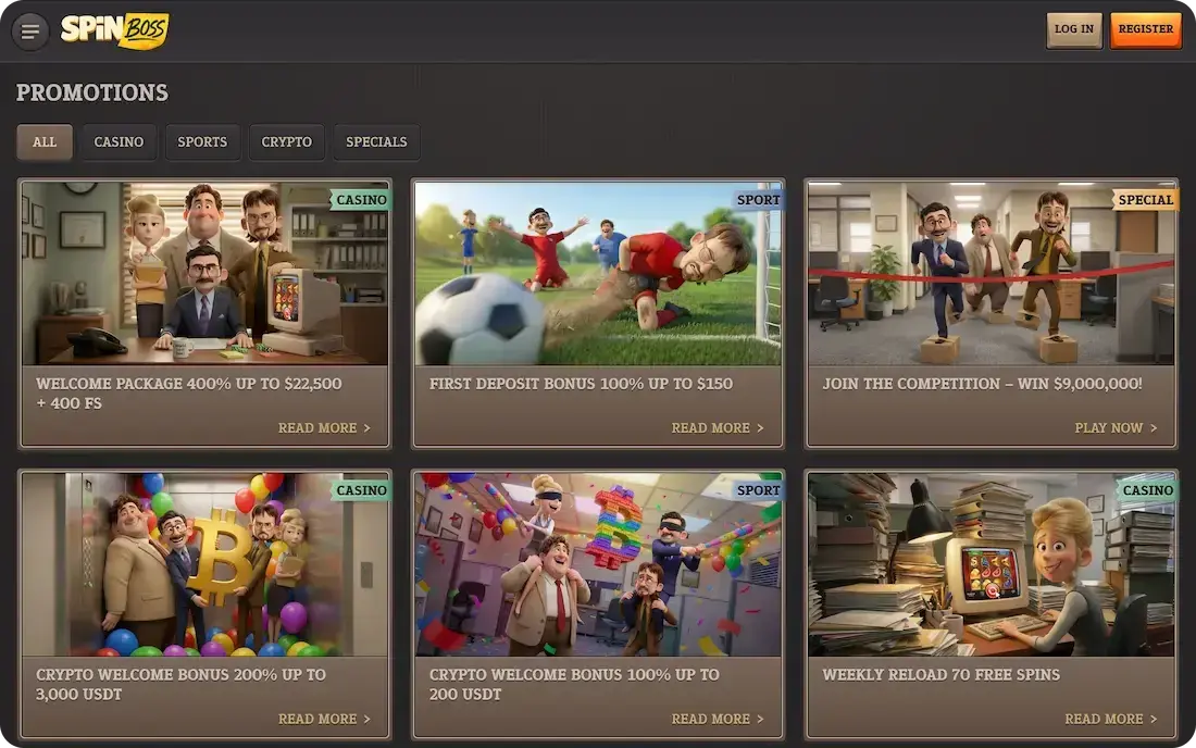 SpinBoss casino homepage with the welcome bonus
