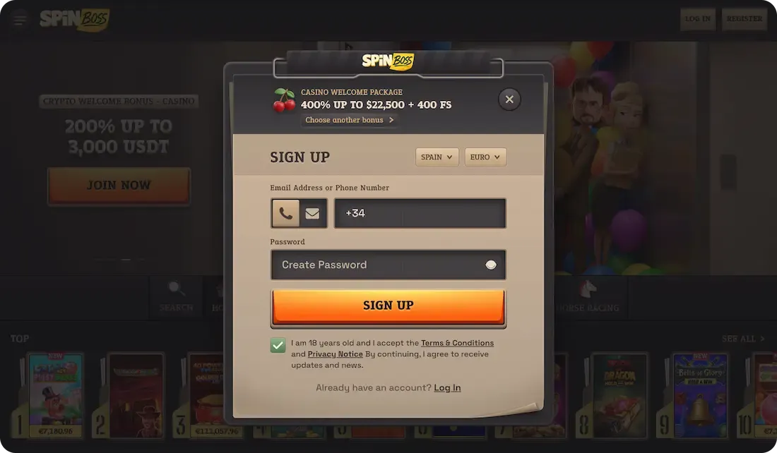 welcome bonus and promo offers at SpinBoss